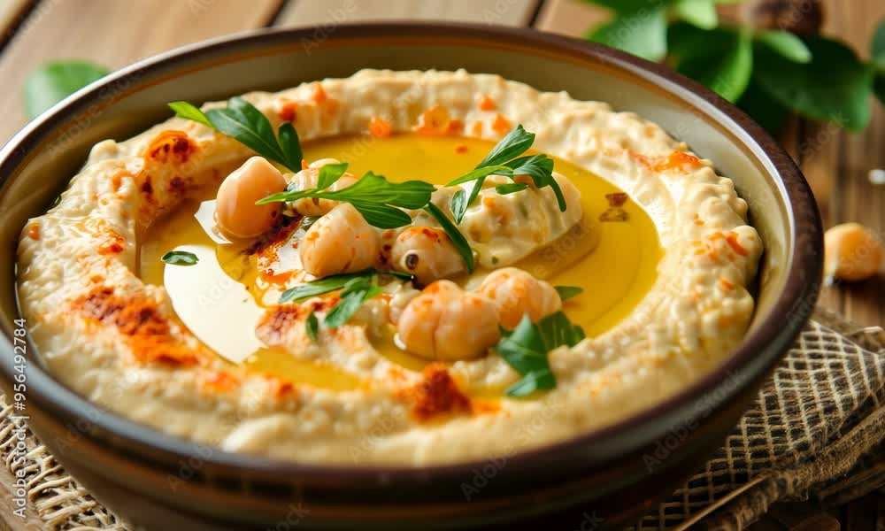 A bowl of creamy hummus topped with chickpeas, olive oil, and a sprinkle paprika on wooden table. A bowl of creamy hummus topped with chickpeas, olive oil, and a sprinkle paprika on wooden table.