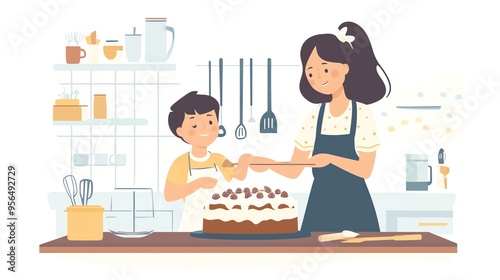 Mom and son decorate a delicious cake together in the kitchen.