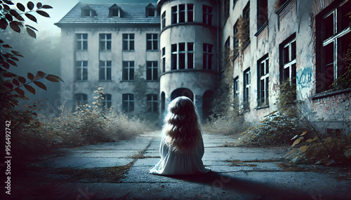 Abandoned girl sitting alone at abandoned building area. 
