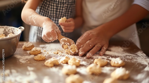 Close up of an adult and child making cookies.