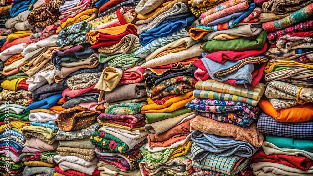 Large pile of textile fabric clothes for eco-friendly designs