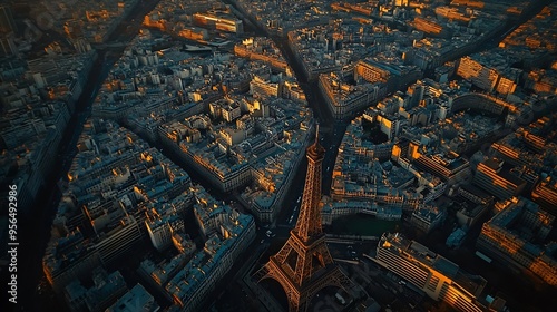 Aerial view on Eiffel Tower and district la Defense in Paris France : Generative AI