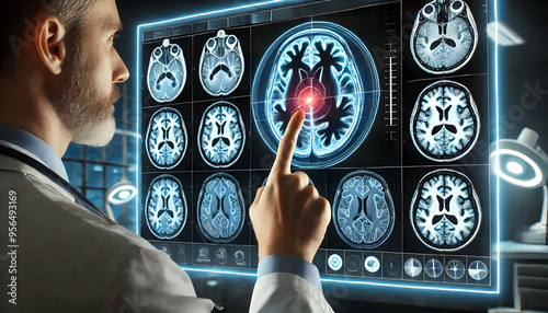 A Finger pointing at MRI brain screen interface, Mri showing brain stroke damage. 