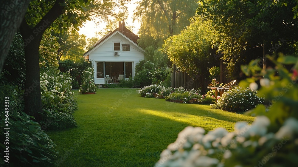 Beautiful green garden full of trees decorative plants and blossoming flowers with big white house in a background Beautiful summer day in a backyard : Generative AI