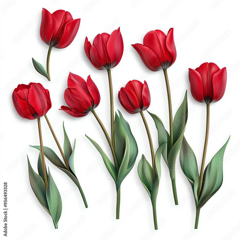 Obraz premium A beautiful arrangement of vibrant red tulips with lush green leaves, perfect for any floral design or spring themed project.