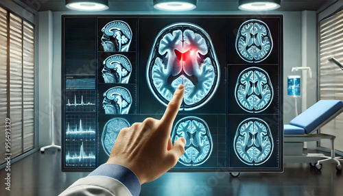 A Finger pointing at MRI brain screen interface, Mri showing brain stroke damage. 