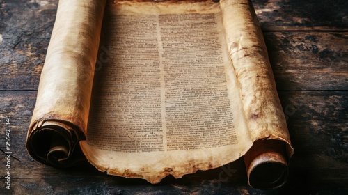 A holy scroll, with the sacred texts of Judaism or Christianity, unrolled on a wooden surface, revealing its timeless message.