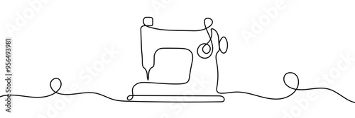 Sewing machine in continuous line art drawing style. Abstract old style sewing-machine for atelier or tailor sign design. Minimalist black linear sketch on white background. Vector illustration