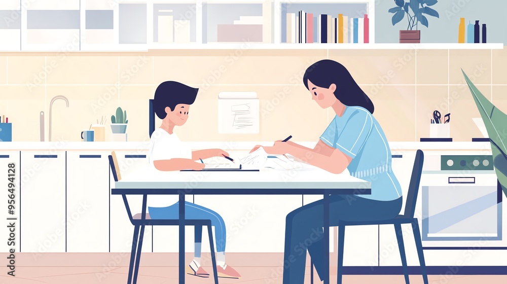 A mother helps her child with homework in the kitchen. A mother helps her child with homework in the kitchen.