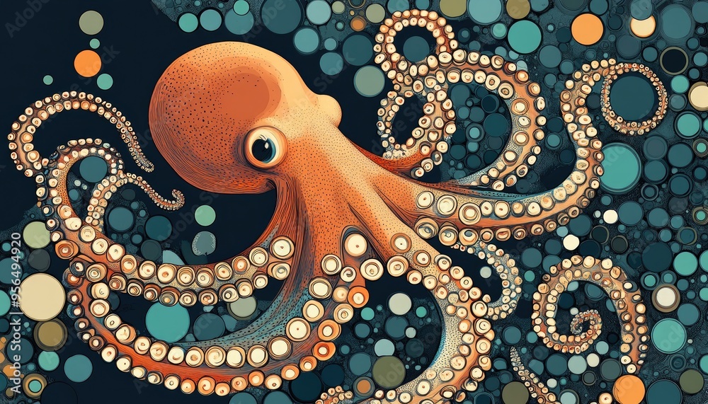 Line art illustration featuring a decorative pattern of circles and an octopus showcasing a handmade artistic design with marine inspired colors Line art illustration featuring a decorative pattern of circles and an octopus showcasing a handmade artistic design with marine inspired colors