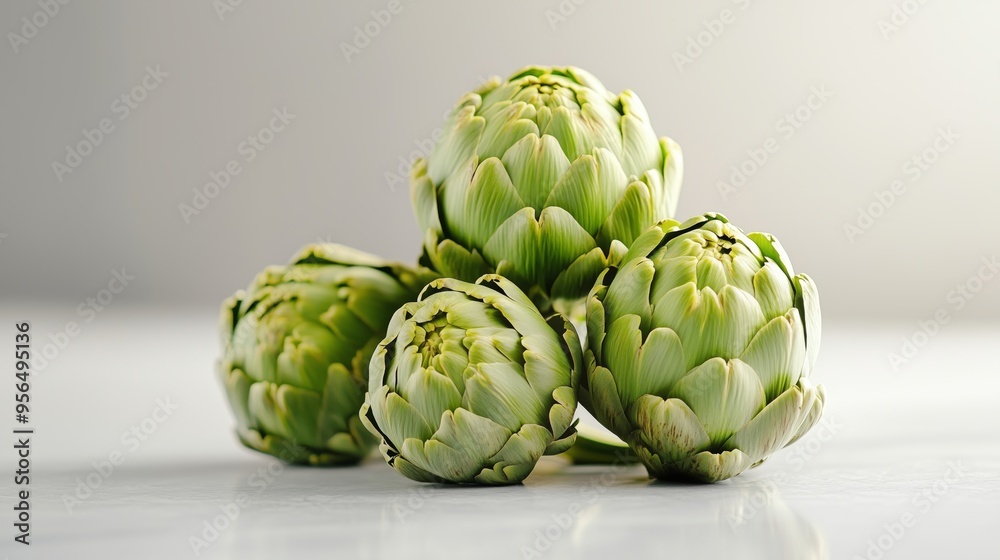 Fototapeta premium Artichokes are artfully arranged on a white table with soft gray and diffused lighting, highlighting their beauty.