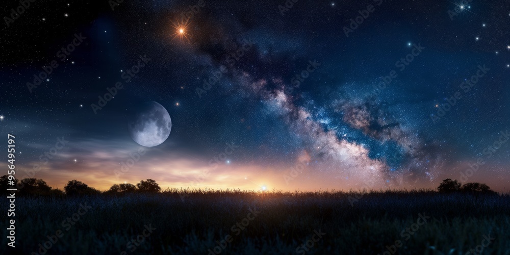 A breathtaking view of the night sky featuring the Milky Way and a bright crescent moon rising above the horizon, symbolizing the wonders of the universe. A breathtaking view of the night sky featuring the Milky Way and a bright crescent moon rising above the horizon, symbolizing the wonders of the universe.