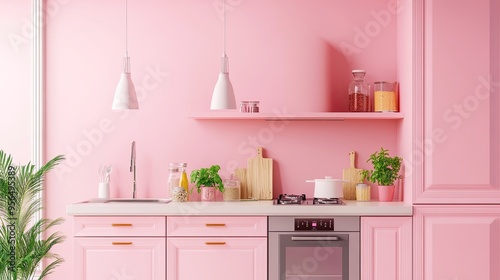 A pink kitchen with modern appliances and a plant in the corner.