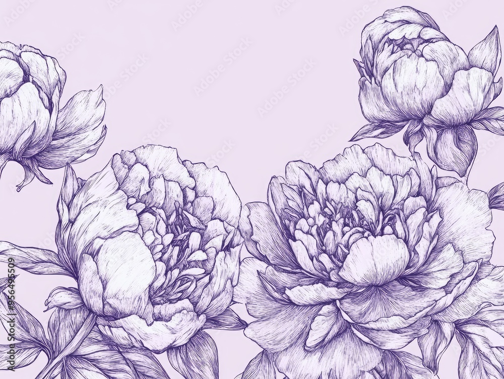 Hand drawn ink line art featuring frames of lilac peonies Hand drawn ink line art featuring frames of lilac peonies