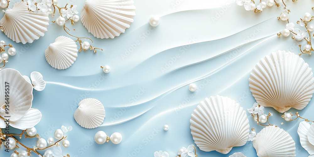 Luxury flat lay composition with sea white shells, pearls and abstract waves on blue background with copy space, top view. Greeting card, wedding invitation Luxury flat lay composition with sea white shells, pearls and abstract waves on blue background with copy space, top view. Greeting card, wedding invitation