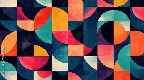 Colorful geometric abstract background with a repeating pattern of squares and circles.
