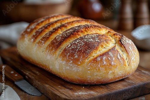 artisanal sourdough loaf on rustic wooden board knife nearby warm lighting emphasizing crust texture soft focus background suggesting cozy kitchen ambiance