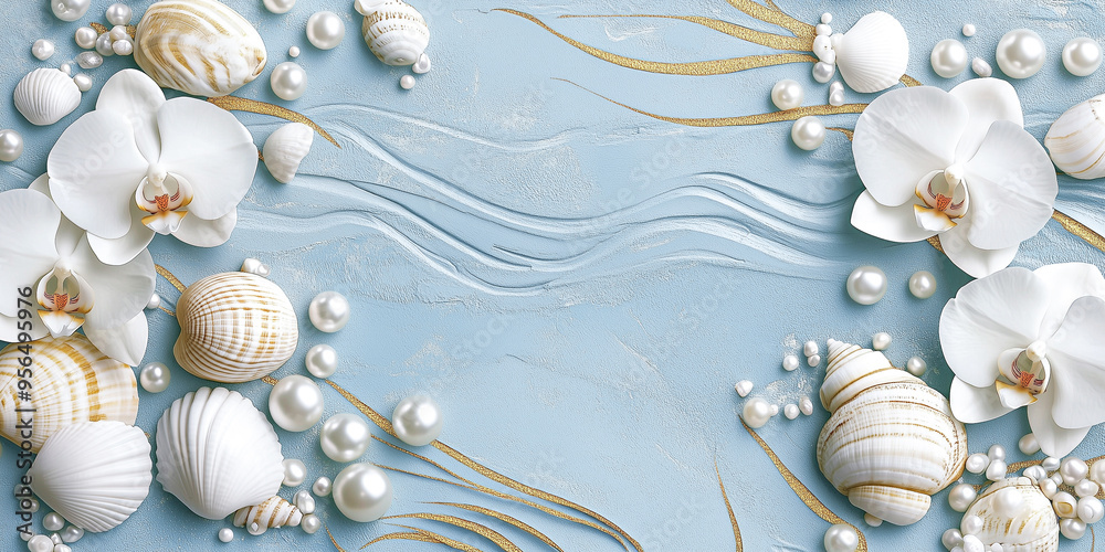 Luxurious flat lay composition with sea white shells, pearls and orchids on blue textured background with copy space, top view. Postcard, wedding invitation Luxurious flat lay composition with sea white shells, pearls and orchids on blue textured background with copy space, top view. Postcard, wedding invitation