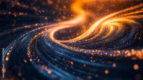 An abstract image featuring dynamic light trails in orange and blue hues, symbolizing movement, energy, and technology in a visually striking pattern.