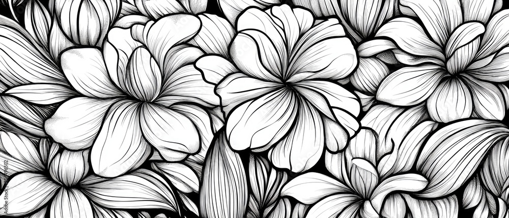 Line art illustration featuring a black and white floral pattern design