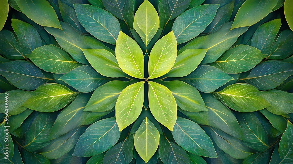 Fototapeta premium Green leaves arranged in a symmetrical pattern, creating a natural mandala.