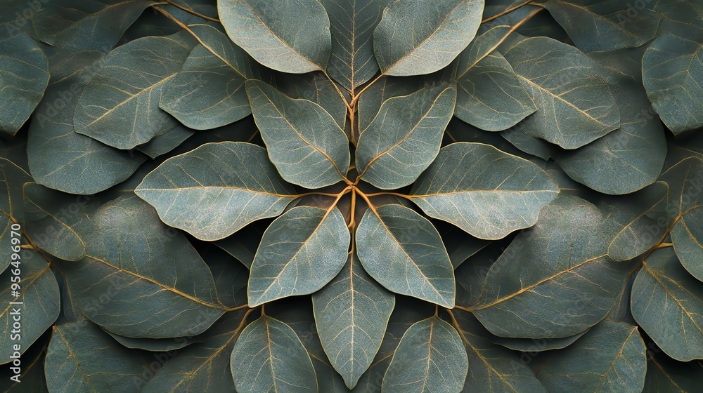 Green leaves arranged in a symmetrical pattern, creating a natural background. Green leaves arranged in a symmetrical pattern, creating a natural background.