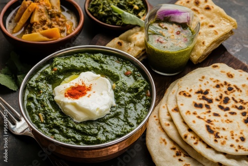 A vibrant Indian meal featuring spinach curry, flatbreads, and various accompaniments.