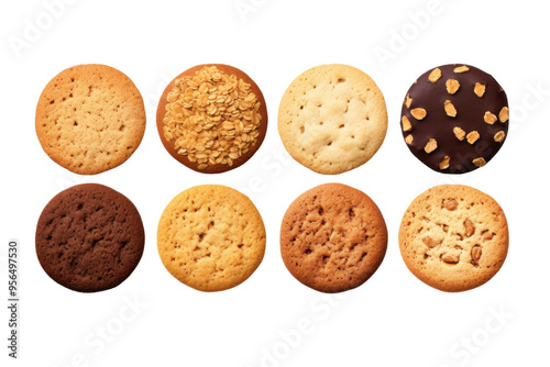 A variety of homemade cookies arranged in a neat row on a white background showcasing different flavors and textures