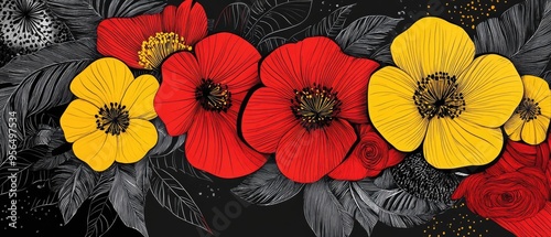 Line art illustration featuring vibrant red and yellow flowers accompanied by black linear ornaments and natural motifs Decorative hand drawn artwork