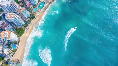 an aerial perspective of a coastal city, where modern buildings meet the ocean, with waves gently crashing against the shore and boats docked in the marina