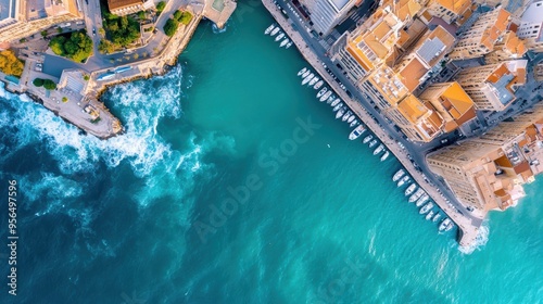 an aerial perspective of a coastal city, where modern buildings meet the ocean, with waves gently crashing against the shore and boats docked in the marina