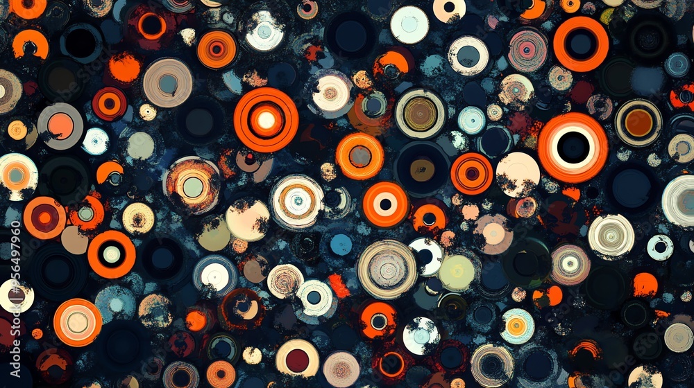 Abstract pattern of circles in shades of orange, brown, blue, and white on a dark blue background. Abstract pattern of circles in shades of orange, brown, blue, and white on a dark blue background.