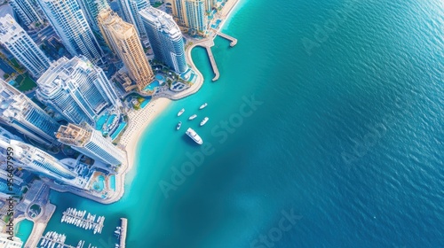 an aerial perspective of a coastal city, where modern buildings meet the ocean, with waves gently crashing against the shore and boats docked in the marina