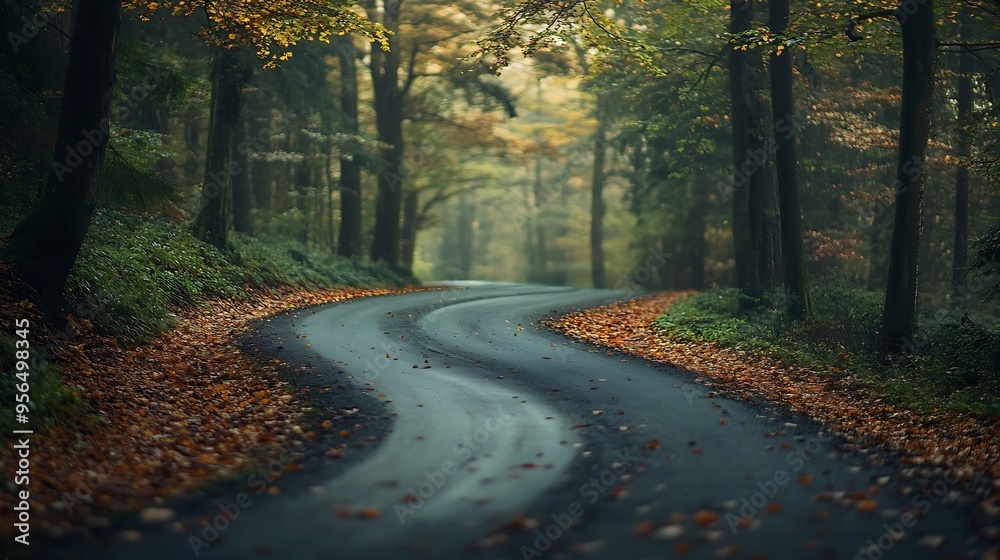 Fototapeta premium Road turning right in green forest Winding road though the wood early autumn in black forest : Generative AI