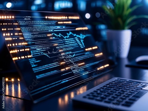 A closeup of a managers desk with an ideal project management tool open on a laptop, developers collaborating in the background