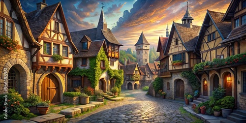 Medieval town with cobblestone streets, charming houses, and fantasy setting