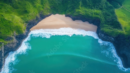 an aerial shot of a hidden beach surrounded by cliffs, with waves crashing against the rocks and seagulls flying overhead, capturing the untouched beauty of nature