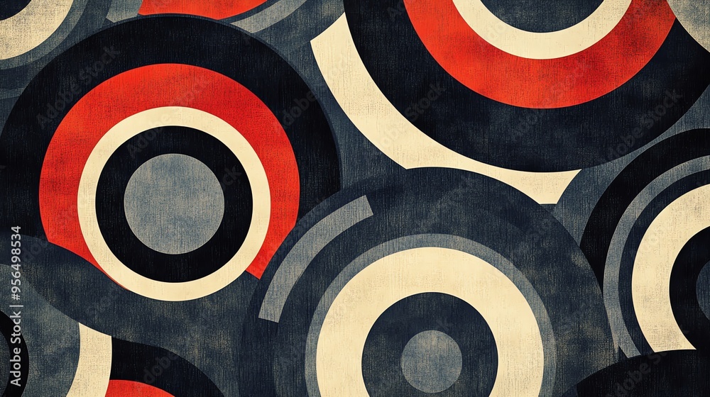 Retro-inspired concentric circles with red, white, and black accents on a textured background. Retro-inspired concentric circles with red, white, and black accents on a textured background.