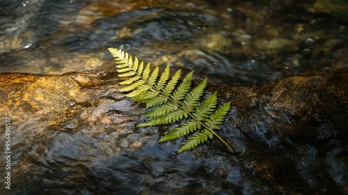 A single fern frond lying on a smooth rock beside a flowing stream, with water glistening in the light photo