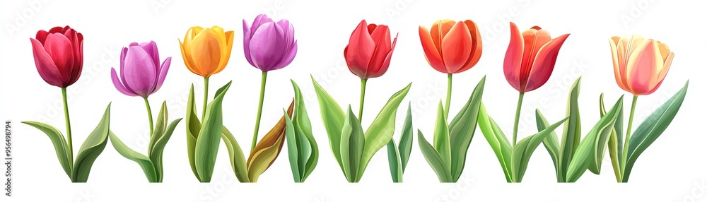 Fototapeta premium A vibrant row of tulips showcasing a variety of colors, perfect for spring-themed designs and floral inspirations.