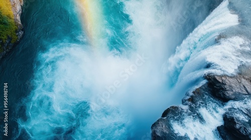 an aerial shot of a powerful waterfall cascading down a rocky cliff, with mist rising from the base and rainbows forming in the spray
