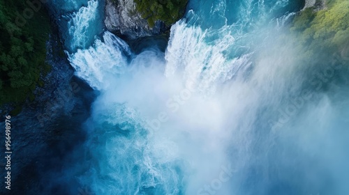 an aerial shot of a powerful waterfall cascading down a rocky cliff, with mist rising from the base and rainbows forming in the spray