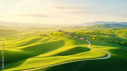 an aerial shot of a sprawling farm with neatly arranged fields of crops, winding dirt roads, and small farmhouses scattered across the landscape