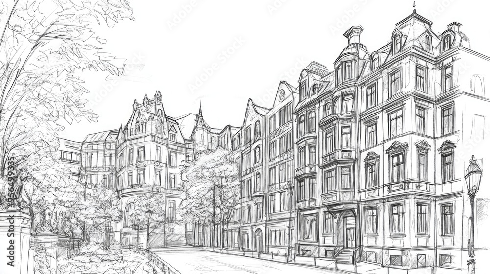 Line art illustration of historic architecture pencil sketch style