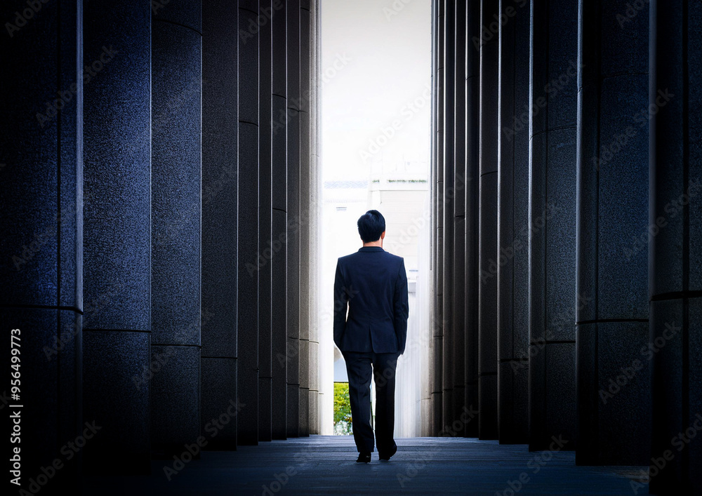 Obraz premium コンクリート壁の中を歩くビジネスマン