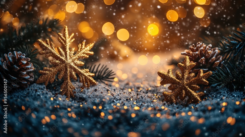 A serene Christmas night with softly illuminated snowflakes.