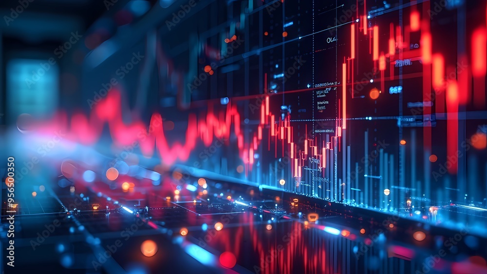 Naklejka premium Glowing Neon Patterns Forming Abstract Financial Graphs