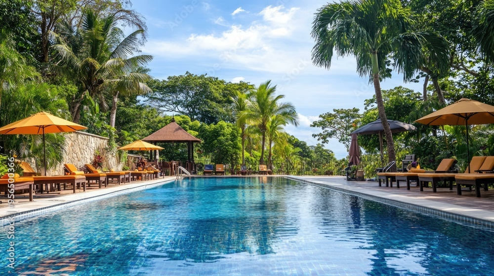A pristine swimming pool surrounded by lush tropical greenery, inviting relaxation and escape. A pristine swimming pool surrounded by lush tropical greenery, inviting relaxation and escape.