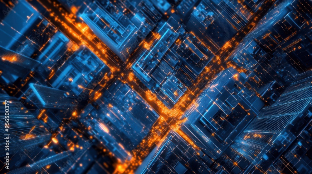 an aerial view of a city grid at night, with the glowing lights a mesmerizing pattern an aerial view of a city grid at night, with the glowing lights a mesmerizing pattern