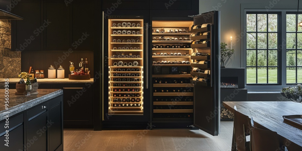 A wine fridge in a modern kitchen. A wine fridge in a modern kitchen.